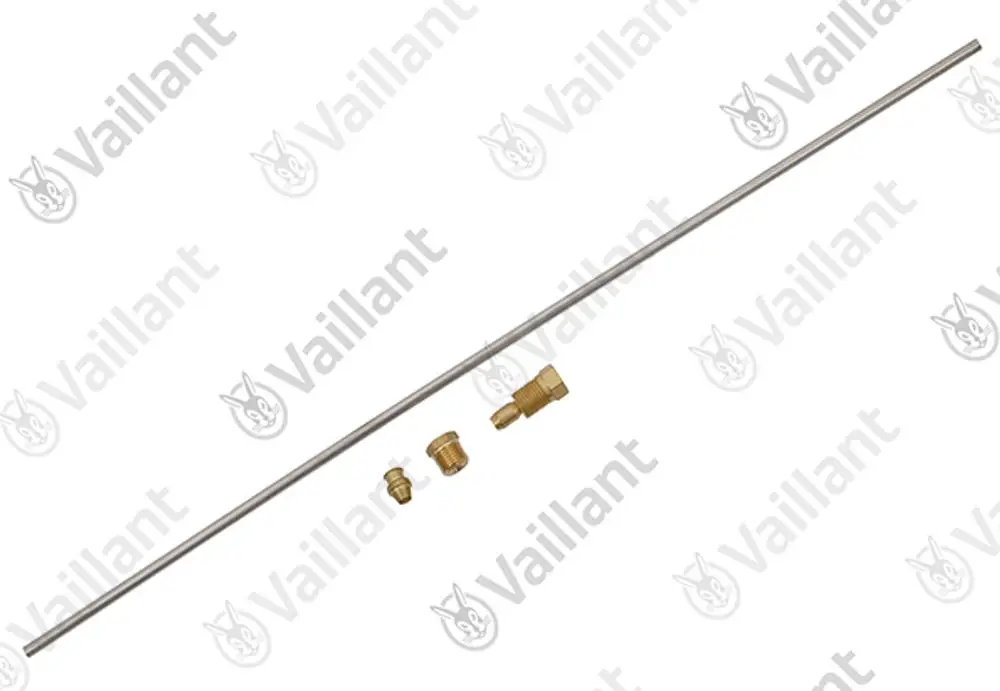 Vaillant Zündgasrohr mit mehreren Verbindungsteilen, darunter ein längeres Rohr und verschiedene Messingfittings.